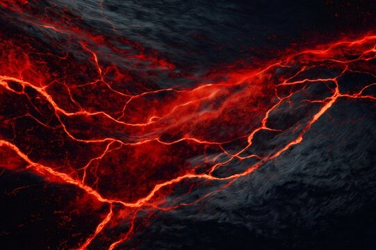 Red hot lava flowing over dark volcanic rock creates a mesmerizing, otherworldly texture, showcasing the raw power of nature's fire and energy