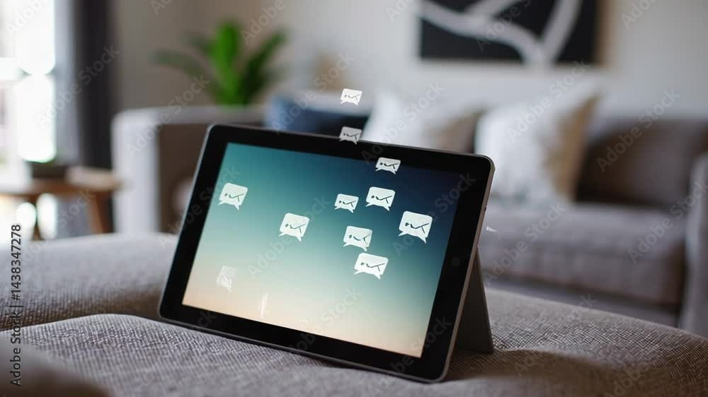 Poster Many notification icons float above a digital tablet placed on a comfortable sofa in a modern living room, symbolizing constant communication and potential digital overload