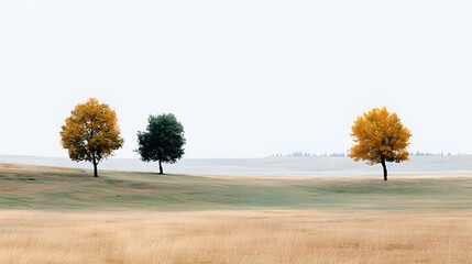 Three solitary trees in autumn field with muted tones and minimalistic landscape