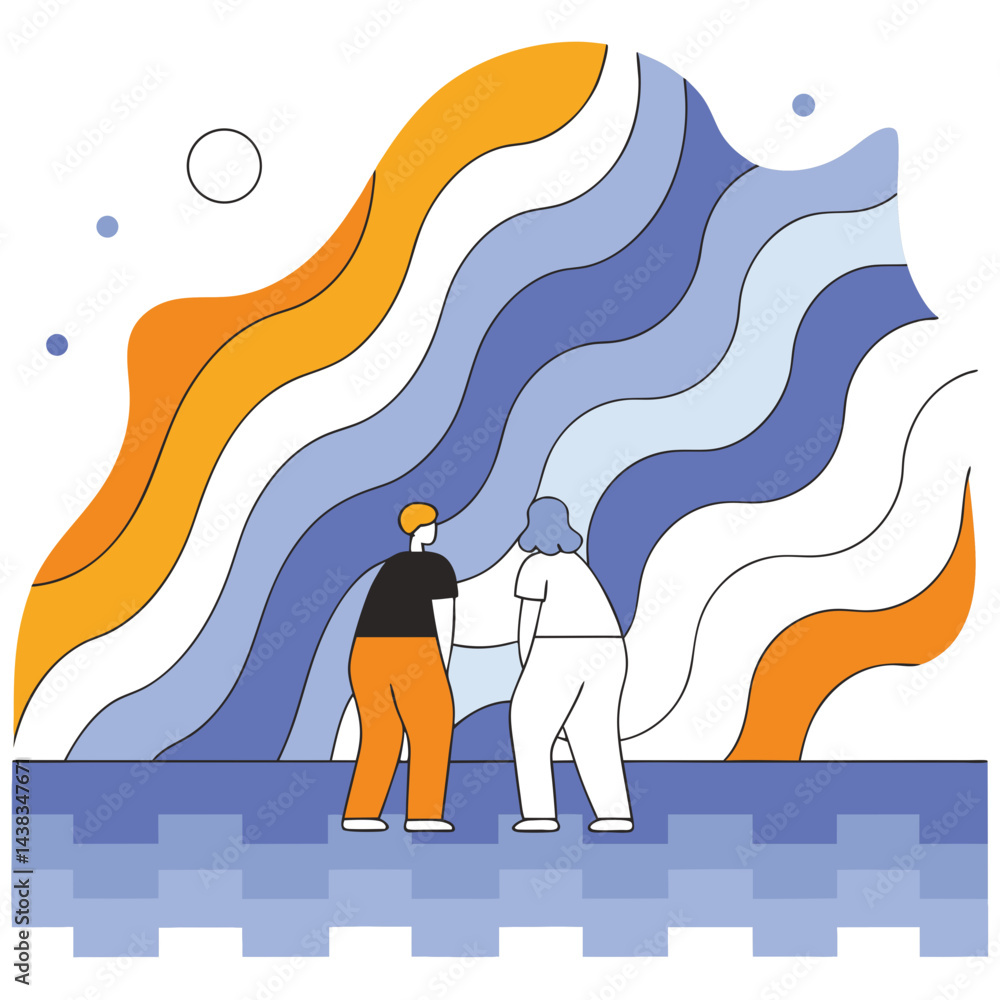 Poster abstract wave design featuring people observing a colorful pattern, perfect for branding and logo cr