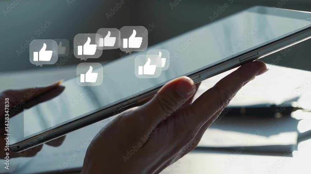 Poster digital overload affecting young woman, receiving multiple social media notifications, struggling wi