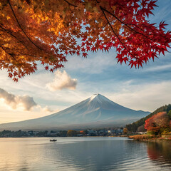 Fototapeta premium fuji mountain and kawaguchiko lake in morning aut
