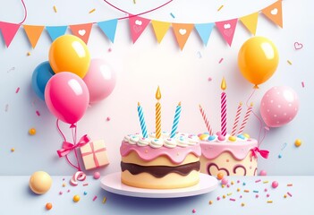 Cute birthday card designs featuring cake, balloons, and party decorations; vector templates ideal for posters, invitations, banners, and flyers, texture, pattern