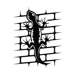 Stylized Gecko Silhouette Crawling Up Decorative Brick Wall, Black And White Monotone