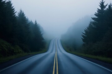 Naklejka premium Wet asphalt road with yellow markings crossing a misty forest in a mysterious and evocative atmosphere