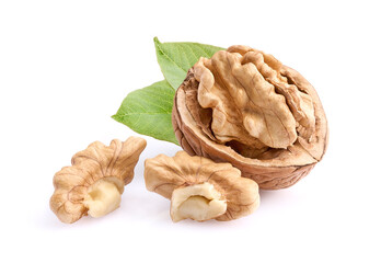 Walnuts with leaves on white background