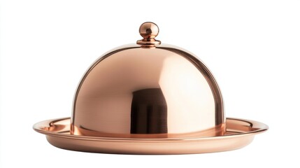 Obraz premium Brushed copper serving cloche with small handle above plate on white background.