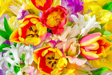 bouquet of different colors flowers, top view, close-up