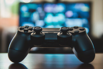 Black wireless game controller sits on a table, possibly indicating a pause in gameplay, with a blurred, glowing screen in the background