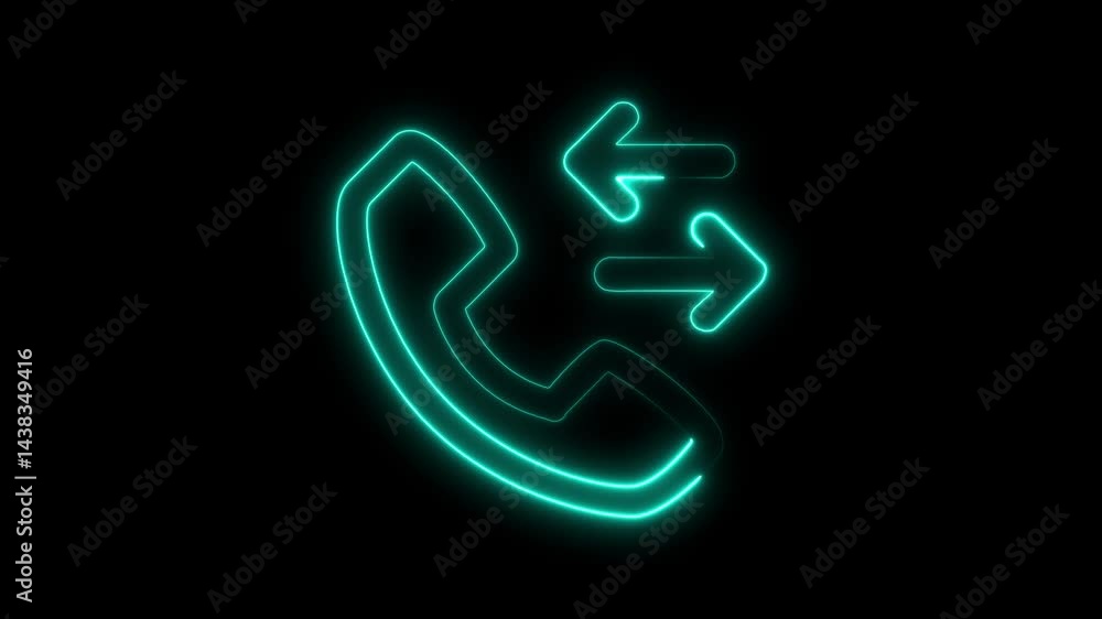 Poster neon style call phone icon incoming and outgoing arrows animation on black background