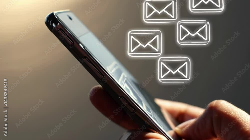 Poster Smartphone screen filling with multiple email icons, indicating digital communication overload and mounting professional pressure while fingers scrolling notification panel