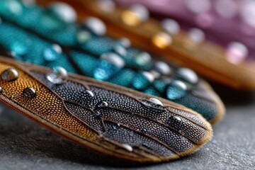 This close-up image of colorful insect wings covered in water droplets illustrates the stunning details of nature, highlighting the vibrancy and texture of insect anatomy.