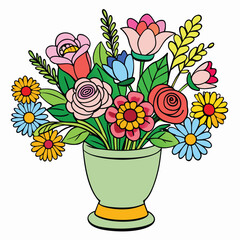 Vibrant Floral Arrangement in Vase, Blooming Flowers with Decorative Leaves, Isolated Art