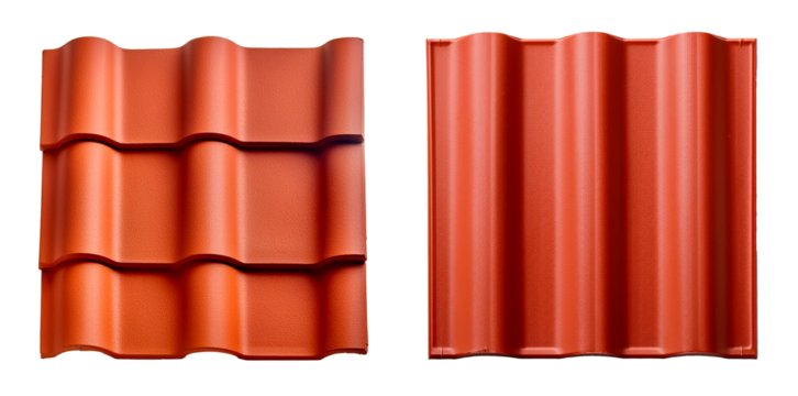 group of brown pantile roof tiles in different shapes isolated on white background