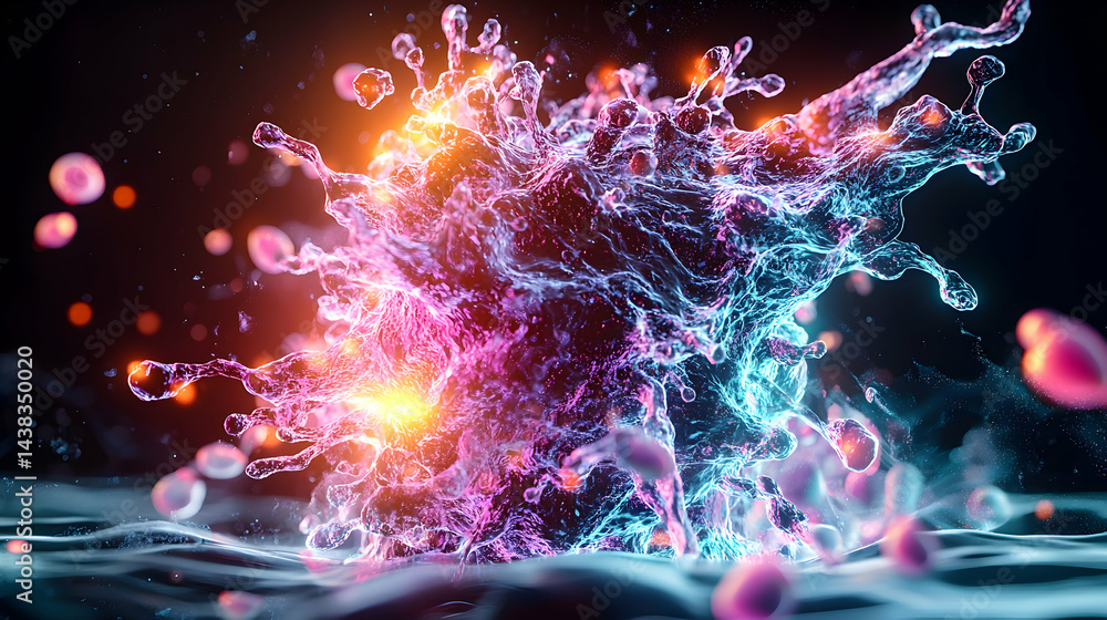 Poster an abstract illustration of a virus cell exploding. this image is suitable for science educational m