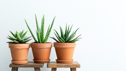 Obraz premium Cactus and aloe plants in terracotta pots on wooden stools on white background.