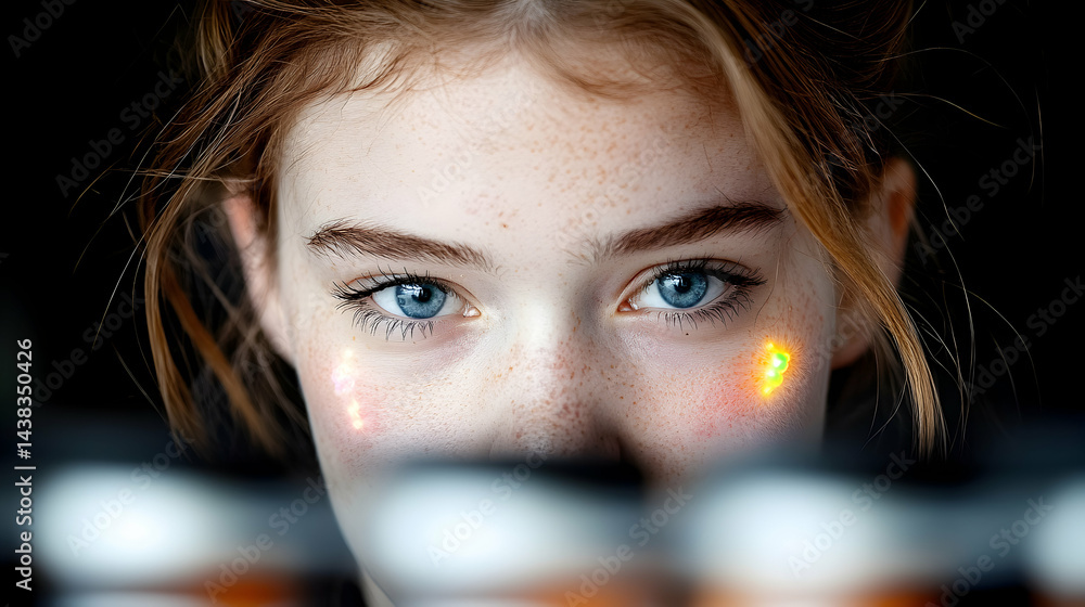 Poster a captivating portrait focusing on eyes. it showcases a face with freckles and unique light effects 