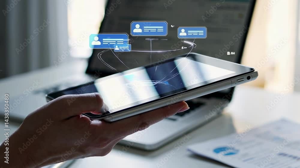 Aufkleber Office worker interacting with a futuristic social media interface on a tablet, featuring floating profile icons and message notifications, symbolizing digital communication and connectivity