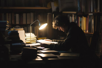 Young student reading a book illuminated by the warm light of a desk lamp, surrounded by stacks of books in a library late at night