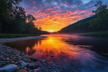 Vibrant sunrise paints a fiery reflection on a calm river, nestled within a serene forest landscape.