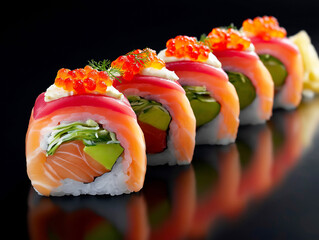 Close-up salmon sushi rolls with avocado, cucumber and fish roe neatly laid out on a glossy black reflective surface.
