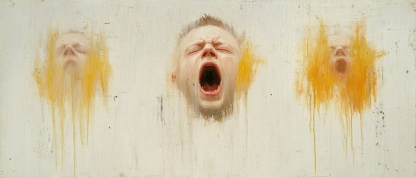 Three faces with eyes closed and mouths open are painted in a blurry style with white background