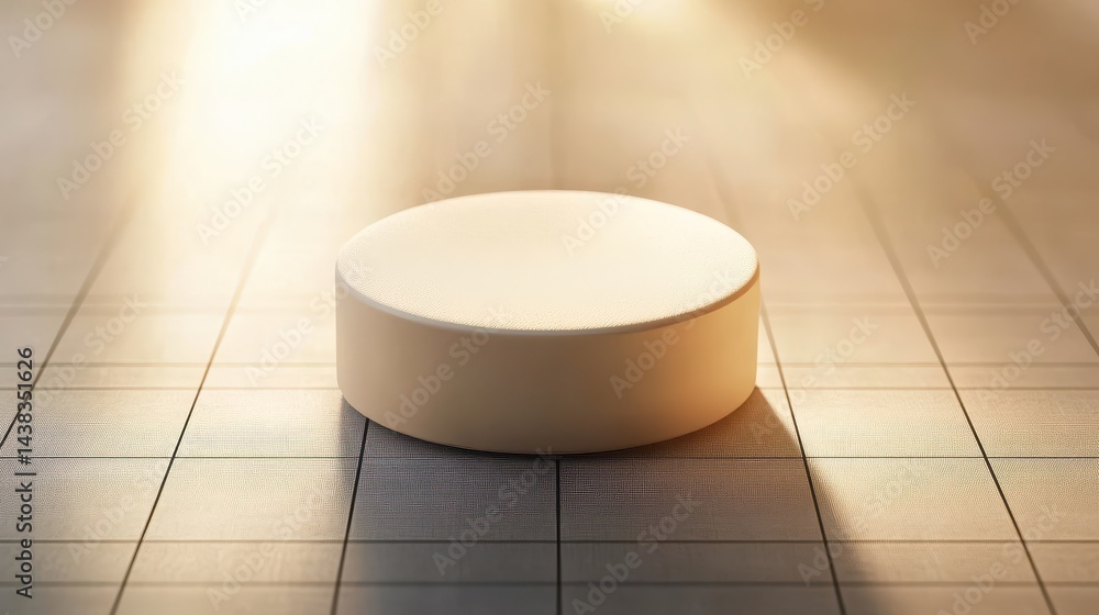 Poster round, light beige object on a patterned surface, illuminated by beams of light.