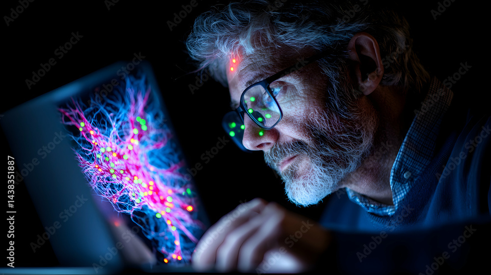 Poster a man analyzes data on a laptop screen illuminated by colorful light patterns. it suggests deep anal