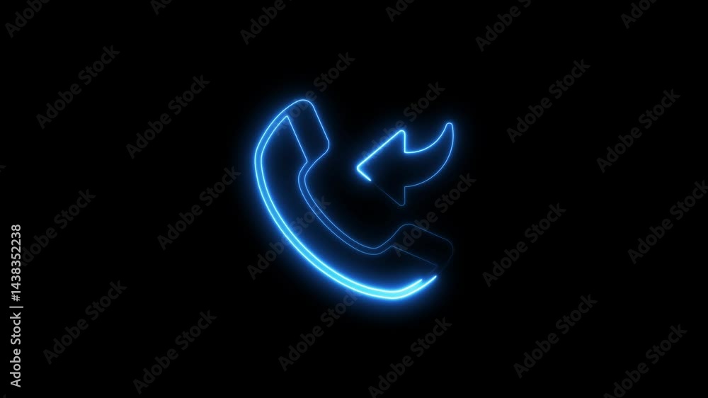 Poster glowing neon phone handset with incoming call indicator on black background