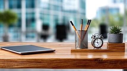 Desk setup tablet, clock, pencils, plant against blurred cityscape - Powered by Adobe