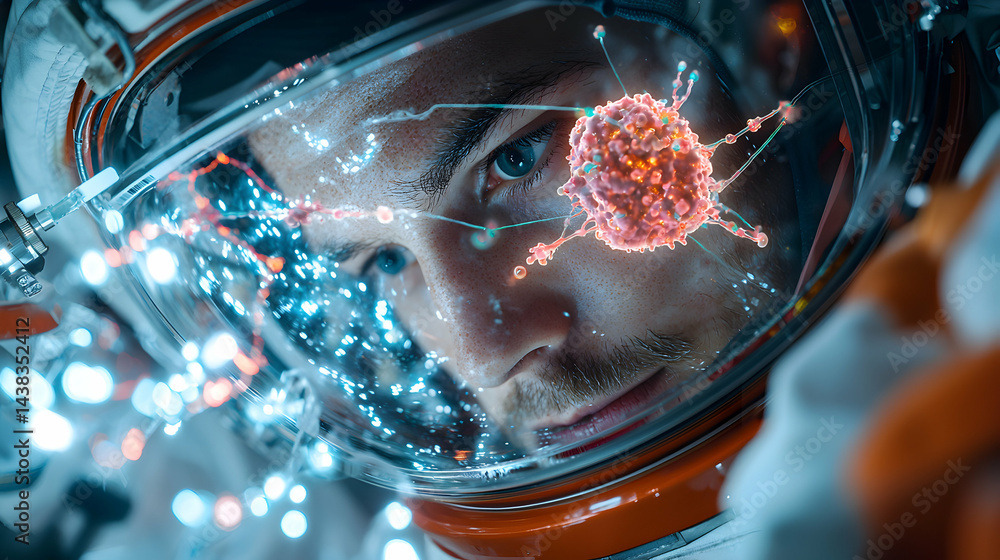 Poster an astronaut examines a microscopic object through their helmet. the scene suggests scientific explo