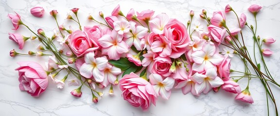 Fototapeta premium Delicate pink & white blooms, varied types, artfully arranged on white marble, central space , marble, flat lay