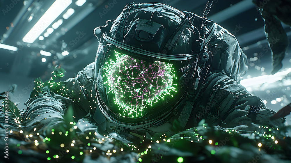 Poster an astronaut in a sci-fi setting. the helmet has a glowing energy field. suggesting use in space exp
