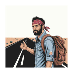 Colorful Road Trip Vector Illustration with Car, Mountains, and Scenic Landscape
