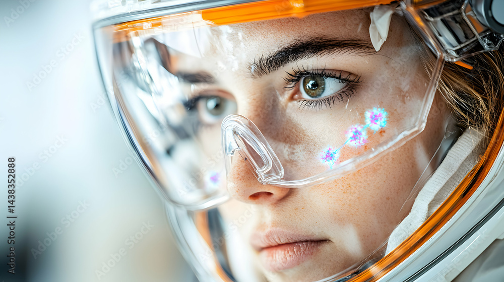 Poster a futuristic portrait of a woman wearing a transparent visor helmet. the image blends realism with t