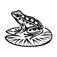 Black Spotted Frog Sitting on Lotus Leaf in Isolated White Background Silhouette Icon
