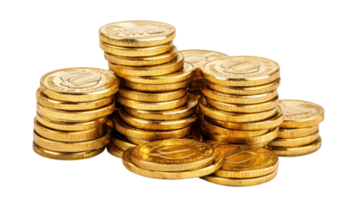 Pile of gold coins on transparent or white background,png