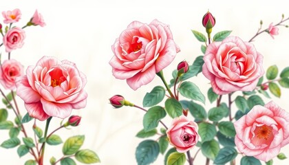 Delicate watercolor garden roses, pink blossoms, leaves, branches; botanical illustration , pink flowers, collection