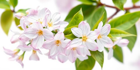 Obraz premium Delicate watercolor spring blossoms in pale purple and white, gentle green leaves, isolated on white, artwork, branches