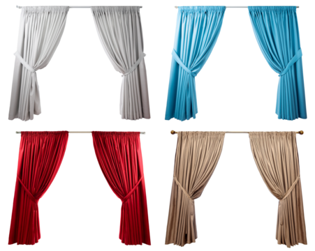 group of open curtains in four colors isolated on white background