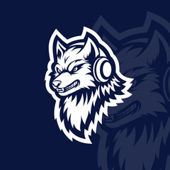 Angry wolf with headphone mascot character esport logo