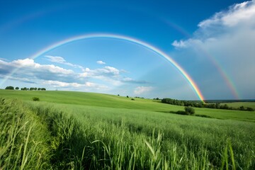 Bright Rainbow over a Green Meadow Clear Blue Sky