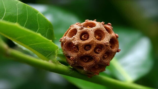 Close-up of a brown, spherical plant gall with holes on a green stem, surrounded by vibrant green leaves, showcasing texture and nature's patterns.