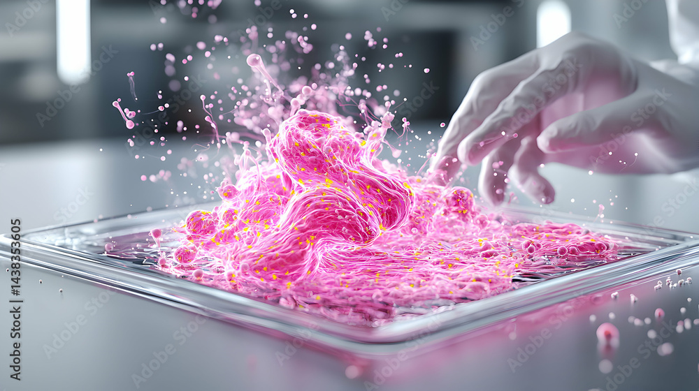 Poster a vibrant laboratory image showcasing a cellular structure or substance interaction. ideal for scien