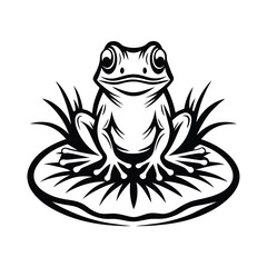 Monochrome of Cartoon Frog Sitting on a Lily Pad with Grass Around