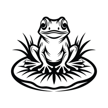 recommend clip art: Monochrome of Cartoon Frog Sitting on a Lily Pad with Grass Around