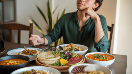 Naklejka premium Smiling young Man is eating sushi at the kitchen table, enjoying her healthy meal