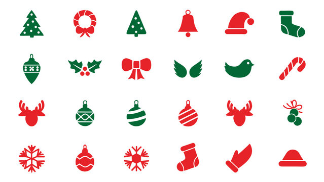 Red and green icon set of christmas on tranparent background