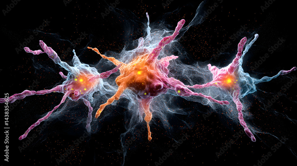 Poster artistic depiction of cells possibly neurons or similar biological structures. suitable for scientif