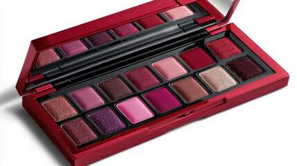 Red eyeshadow palette with vibrant shades and mirror